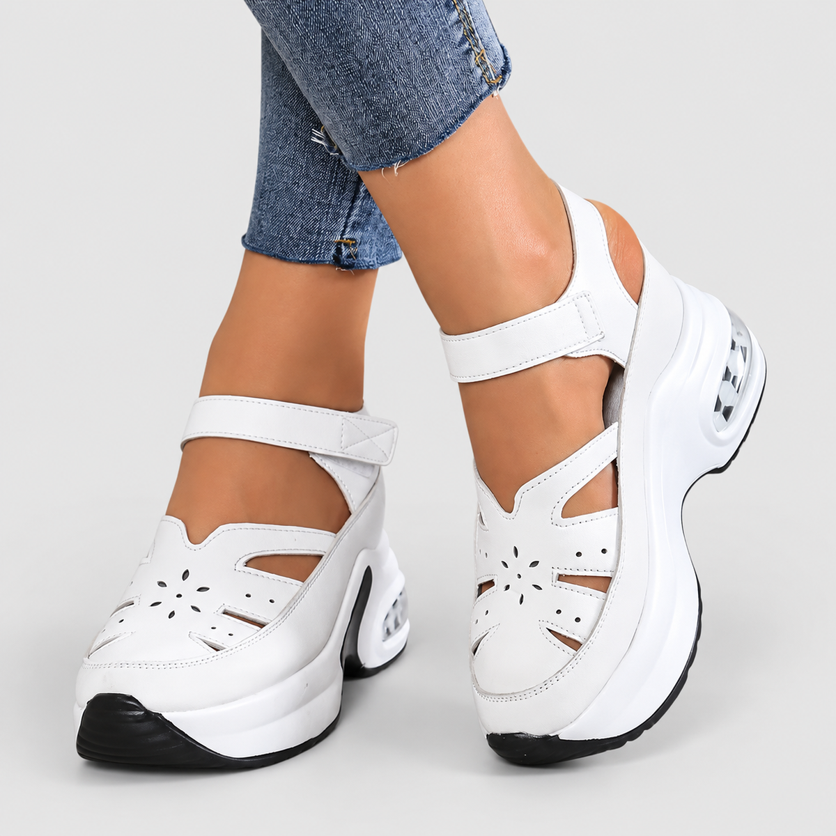 Women's Cut-Out Strap Shoes with Chunky Wedge Sole in White — view 1
