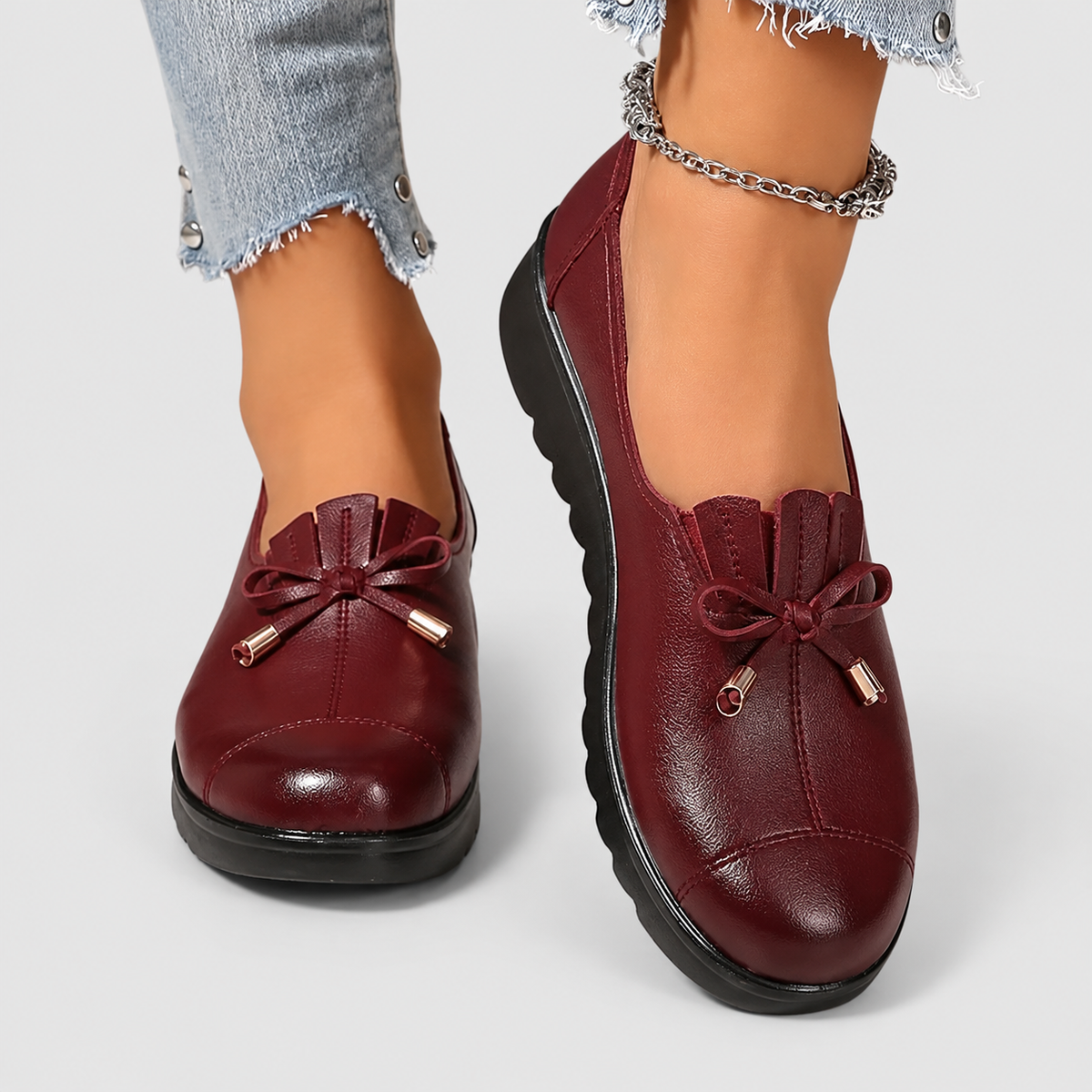 Women's Bow-Detail Slip-On Loafers with Ridged Sole in Burgundy — view 2