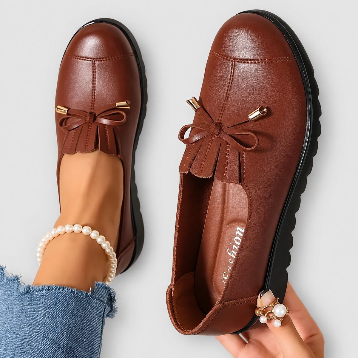 Women's Bow-Detail Slip-On Loafers with Ridged Sole in Brown — view 3