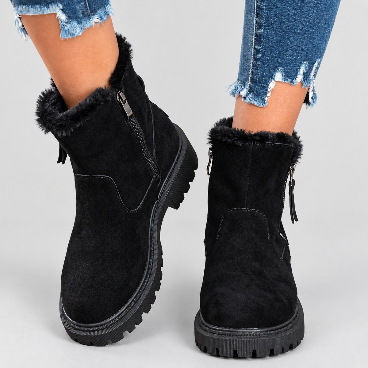 Women's Plush-Trim Faux Suede Ankle Boots with Chunky Sole in Black — view 1