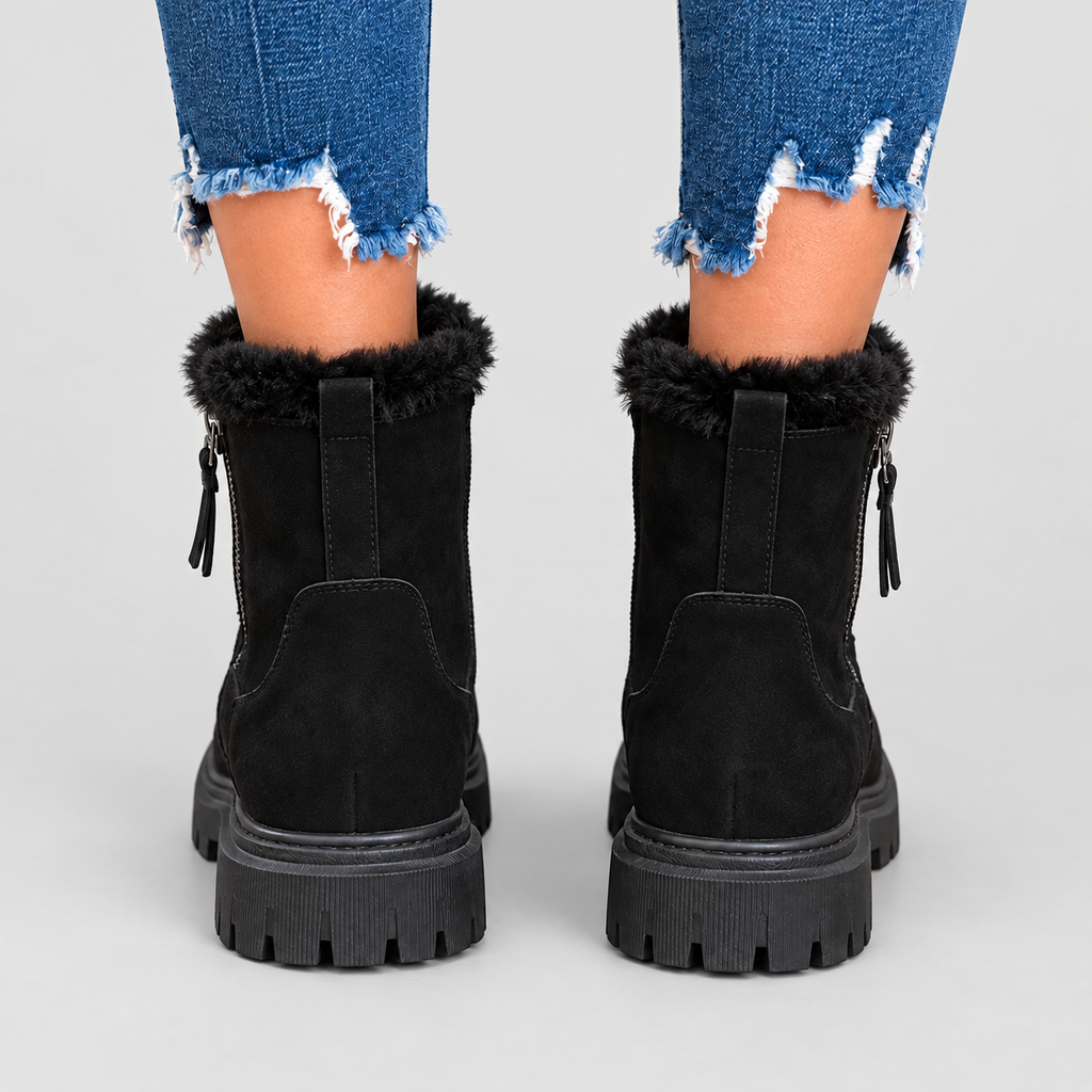 Women's Plush-Trim Faux Suede Ankle Boots with Chunky Sole — view 2