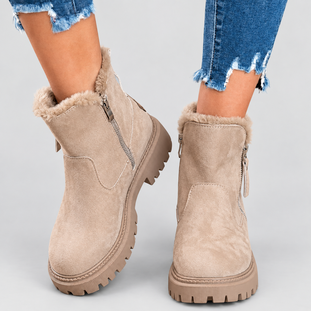 Women's Plush-Trim Faux Suede Ankle Boots with Chunky Sole in Khaki — view 3