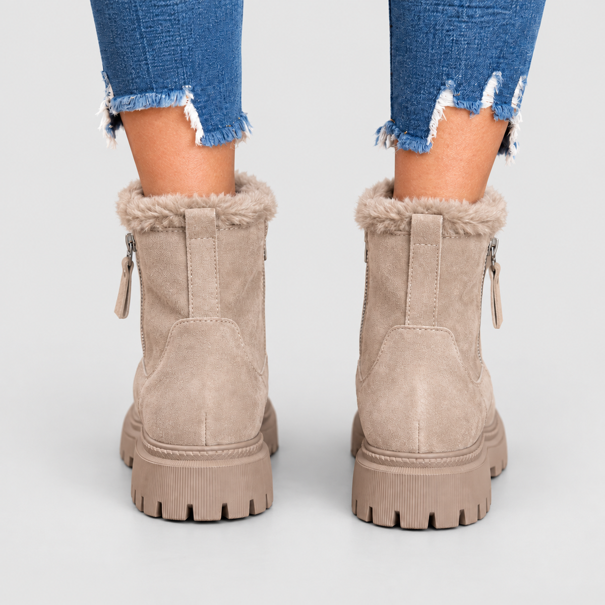 Women's Plush-Trim Faux Suede Ankle Boots with Chunky Sole — view 4