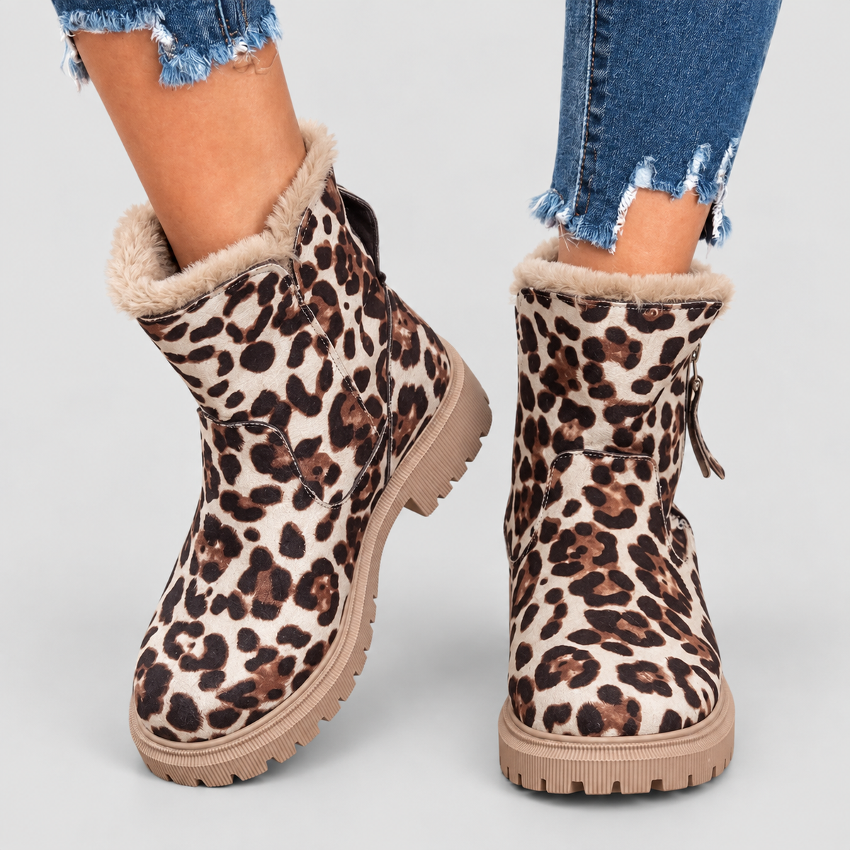 Women's Plush-Trim Faux Suede Ankle Boots with Chunky Sole in Leopard — view 7