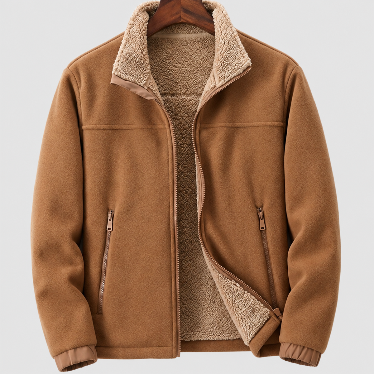 Men's Sherpa-Lined Stand-Collar Full-Zip Fleece Jacket in Caramel — view 1