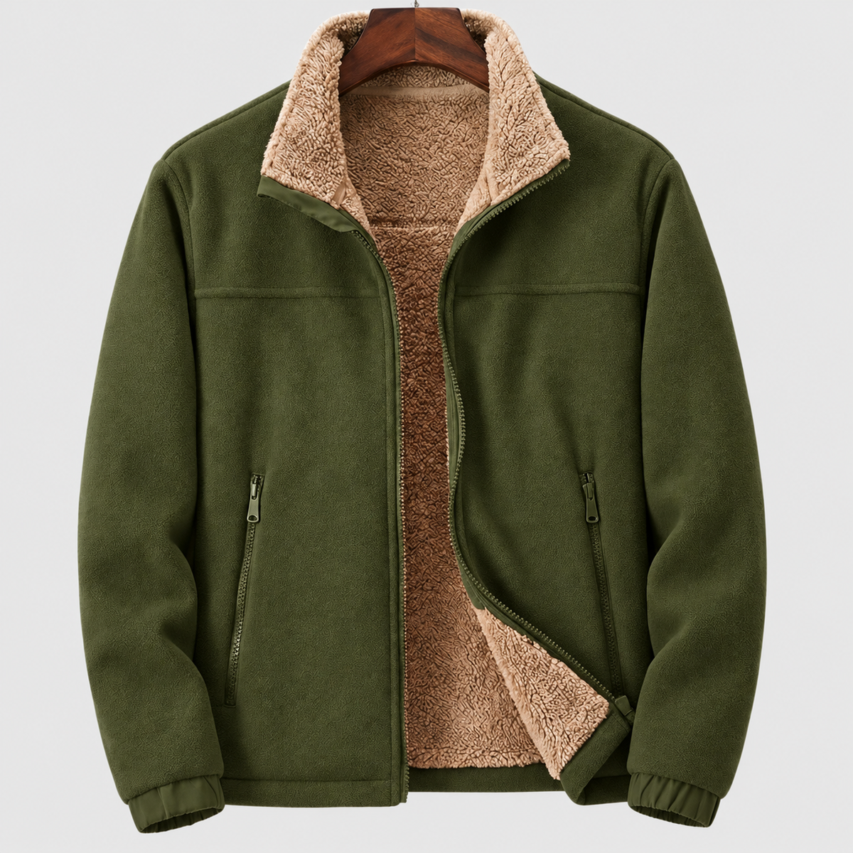 Men's Sherpa-Lined Stand-Collar Full-Zip Fleece Jacket in Khaki Green — view 2