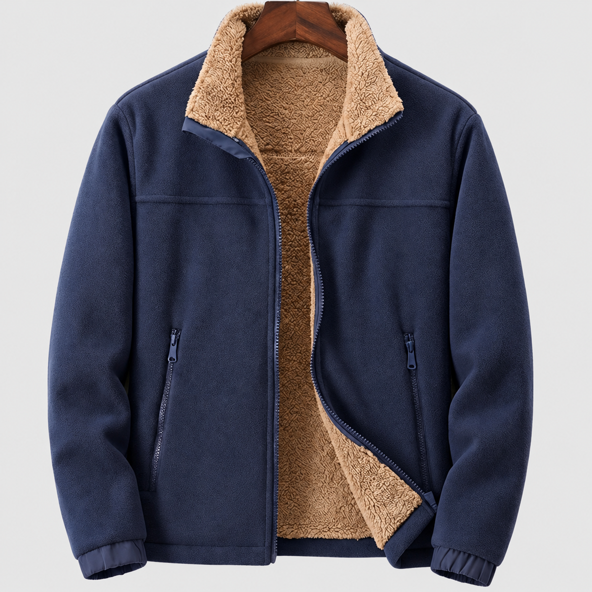 Men's Sherpa-Lined Stand-Collar Full-Zip Fleece Jacket in Navy — view 3