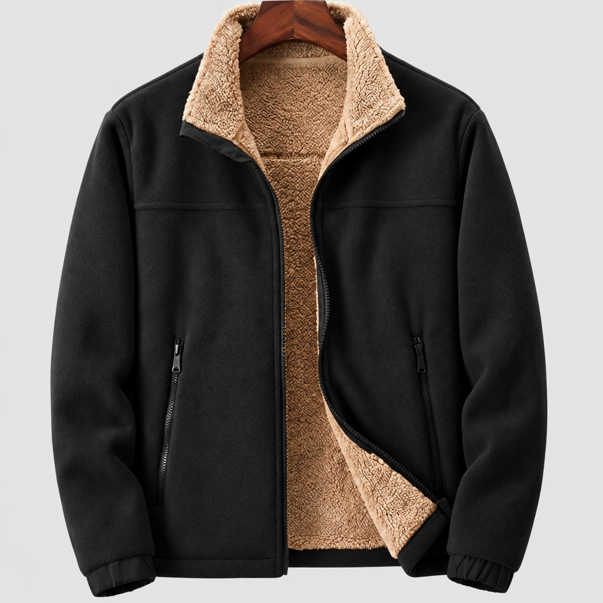 Men's Sherpa-Lined Stand-Collar Full-Zip Fleece Jacket in Black — view 4