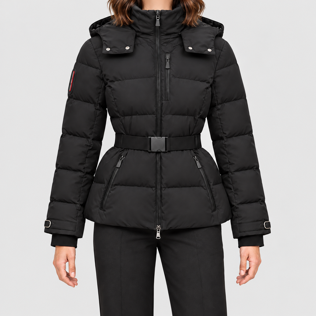Women's Belted Puffer Jacket with Detachable Hood in Black — view 1
