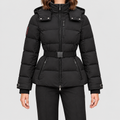 Women's Belted Puffer Jacket with Detachable Hood in Black — view 1