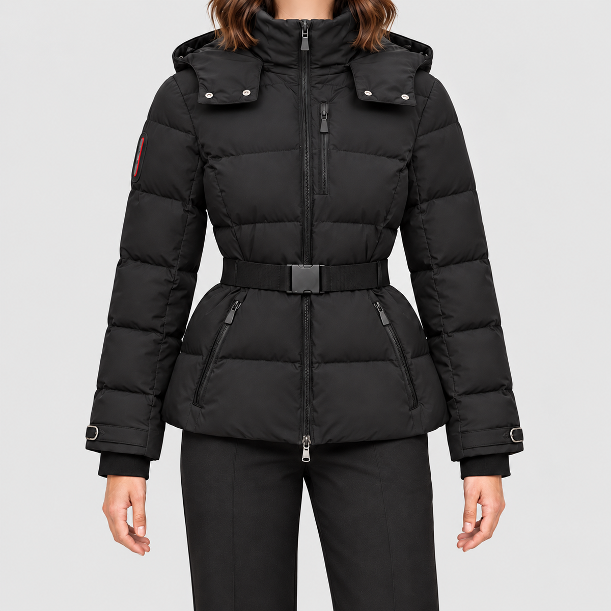 Women's Belted Puffer Jacket with Detachable Hood in Black — view 1