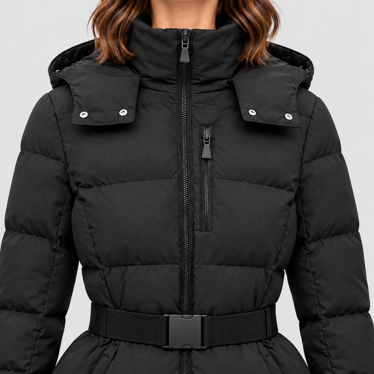 Women's Belted Puffer Jacket with Detachable Hood — view 2