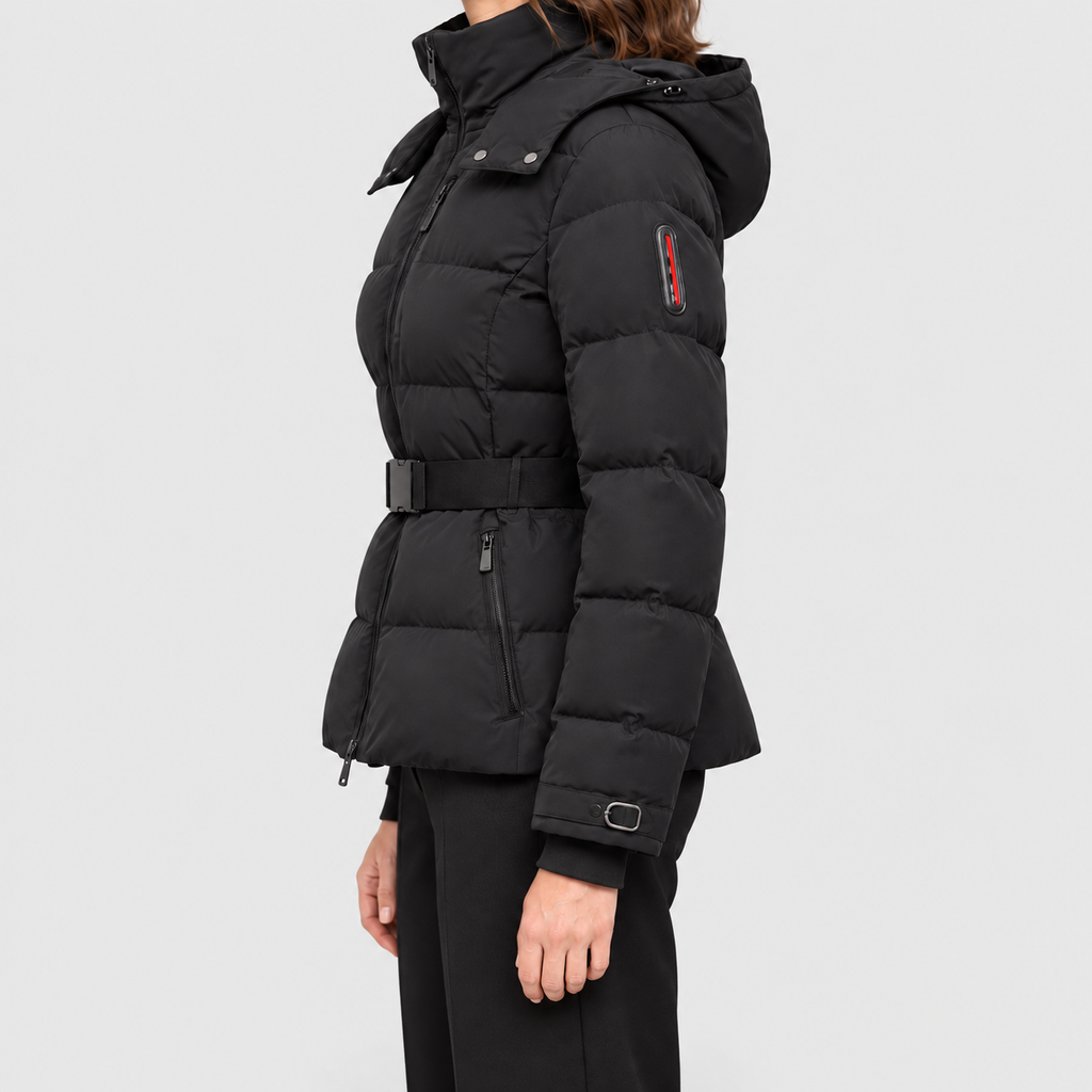 Women's Belted Puffer Jacket with Detachable Hood — view 3