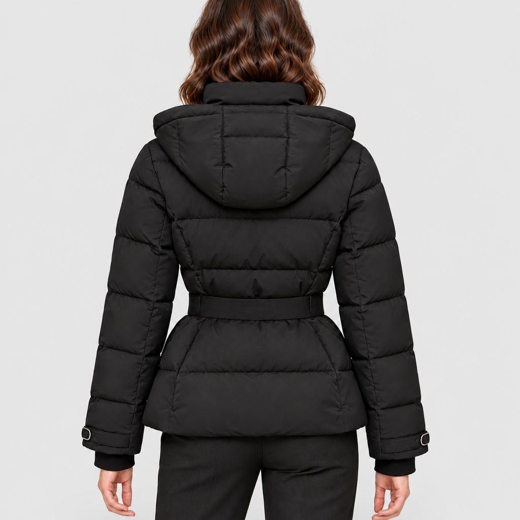 Women's Belted Puffer Jacket with Detachable Hood — view 4