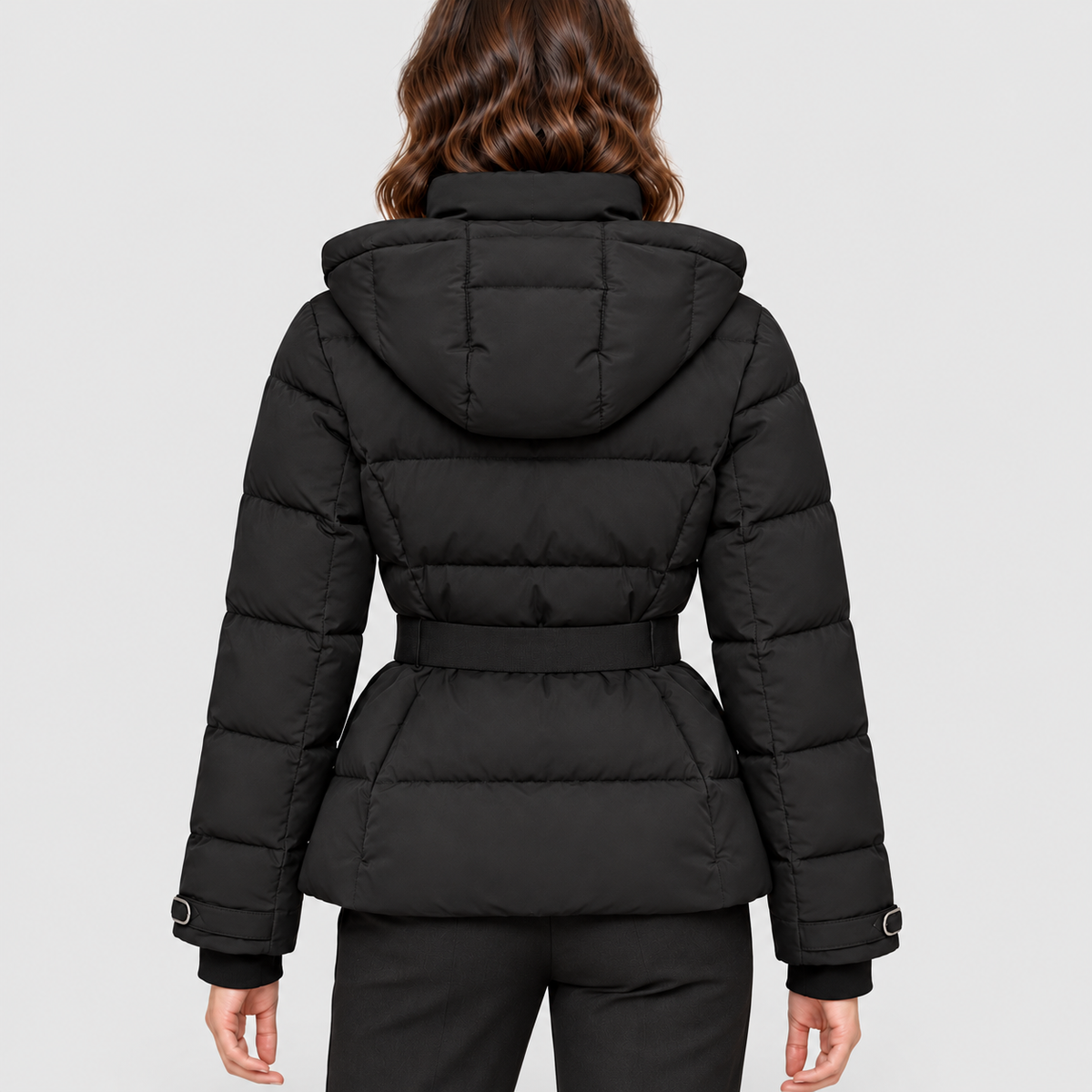 Women's Belted Puffer Jacket with Detachable Hood — view 4
