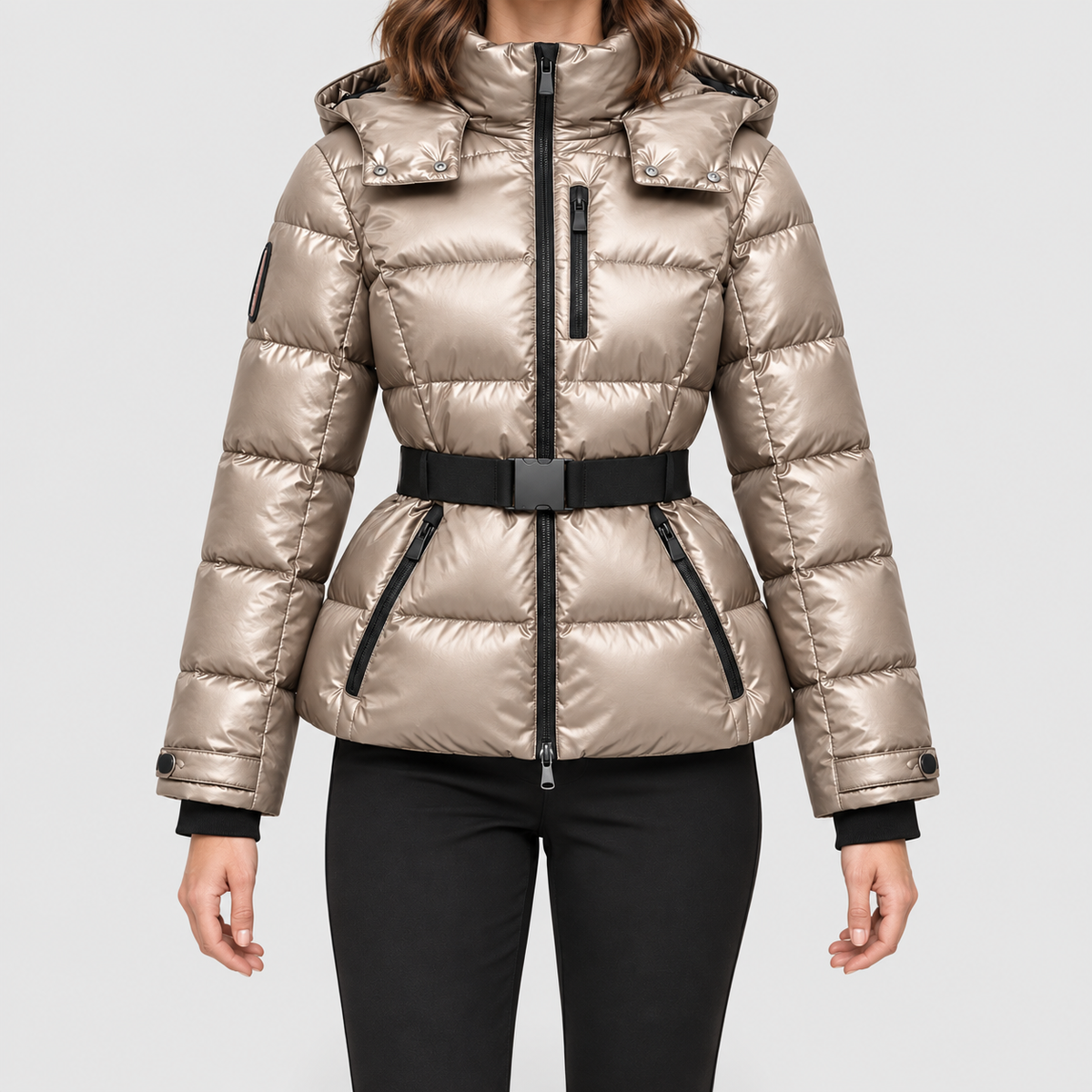 Women's Belted Puffer Jacket with Detachable Hood in Taupe — view 5