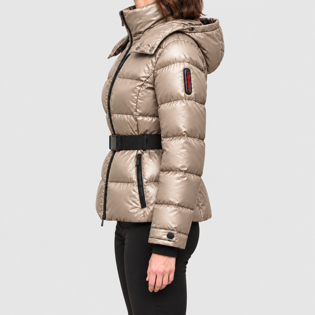 Women's Belted Puffer Jacket with Detachable Hood — view 6