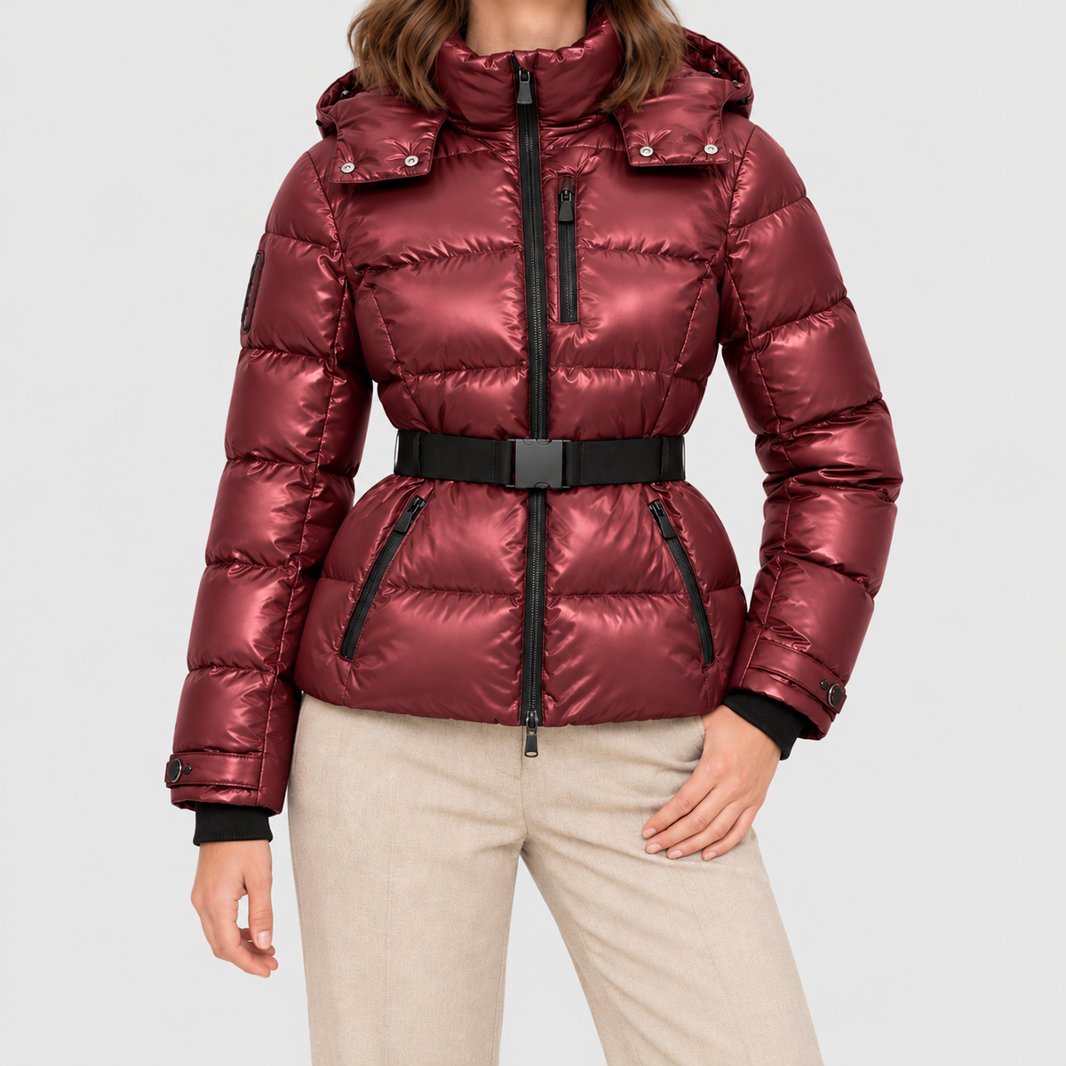 Women's Belted Puffer Jacket with Detachable Hood in Burgundy — view 7