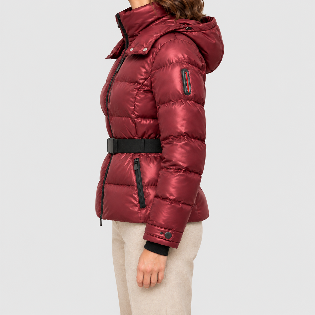 Women's Belted Puffer Jacket with Detachable Hood — view 8