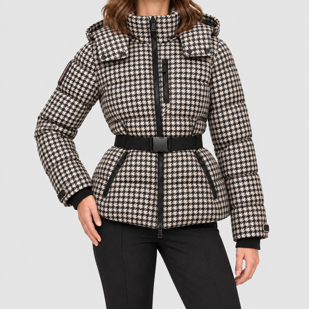 Women's Belted Puffer Jacket with Detachable Hood in Black & Cream Print — view 9