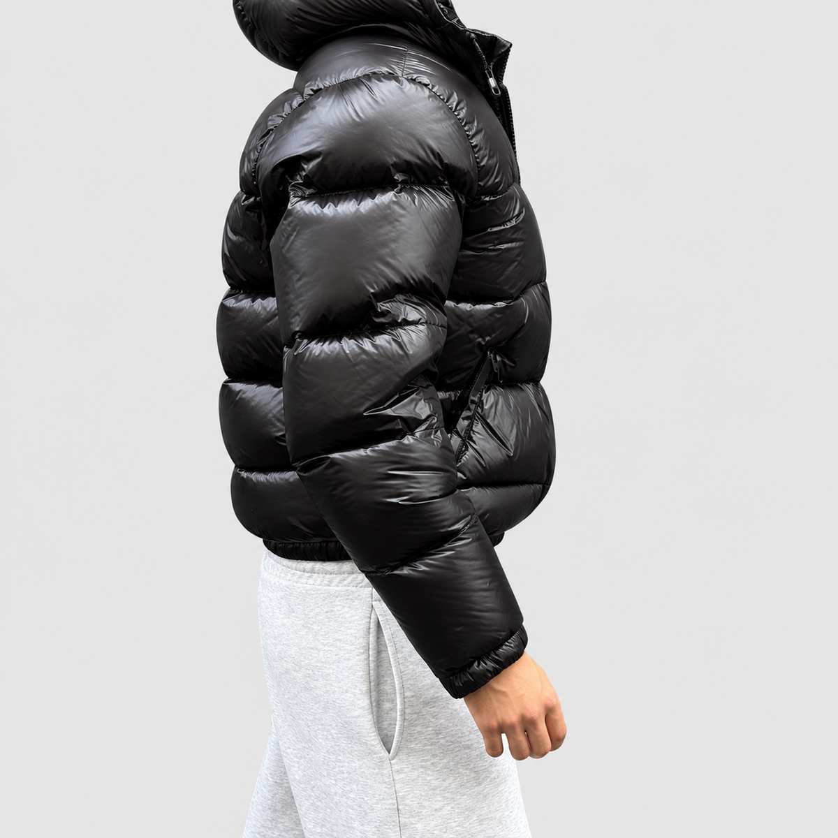Men's Glossy Quilted Hooded Puffer Jacket in Black — view 2