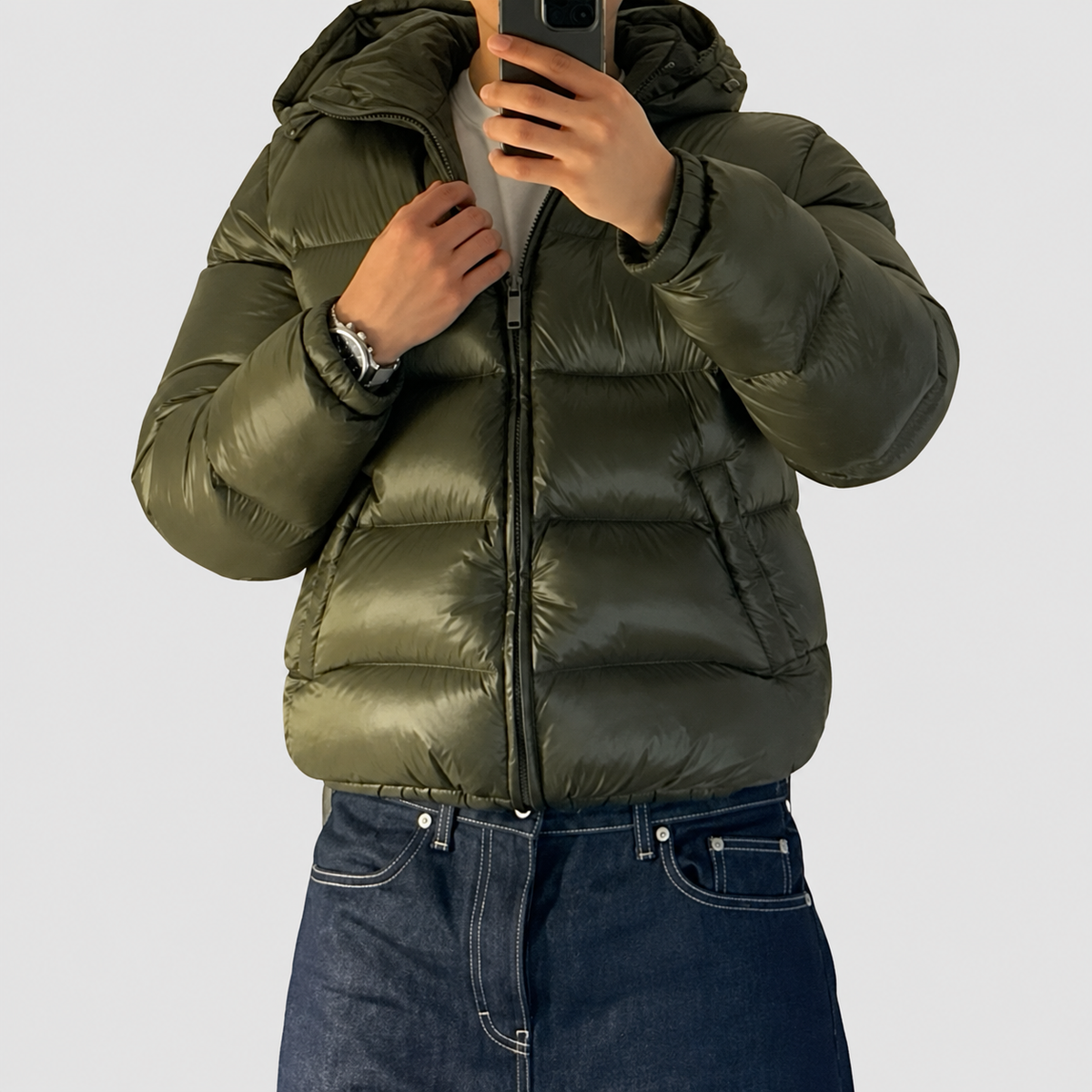 Men's Glossy Quilted Hooded Puffer Jacket in Green — view 3