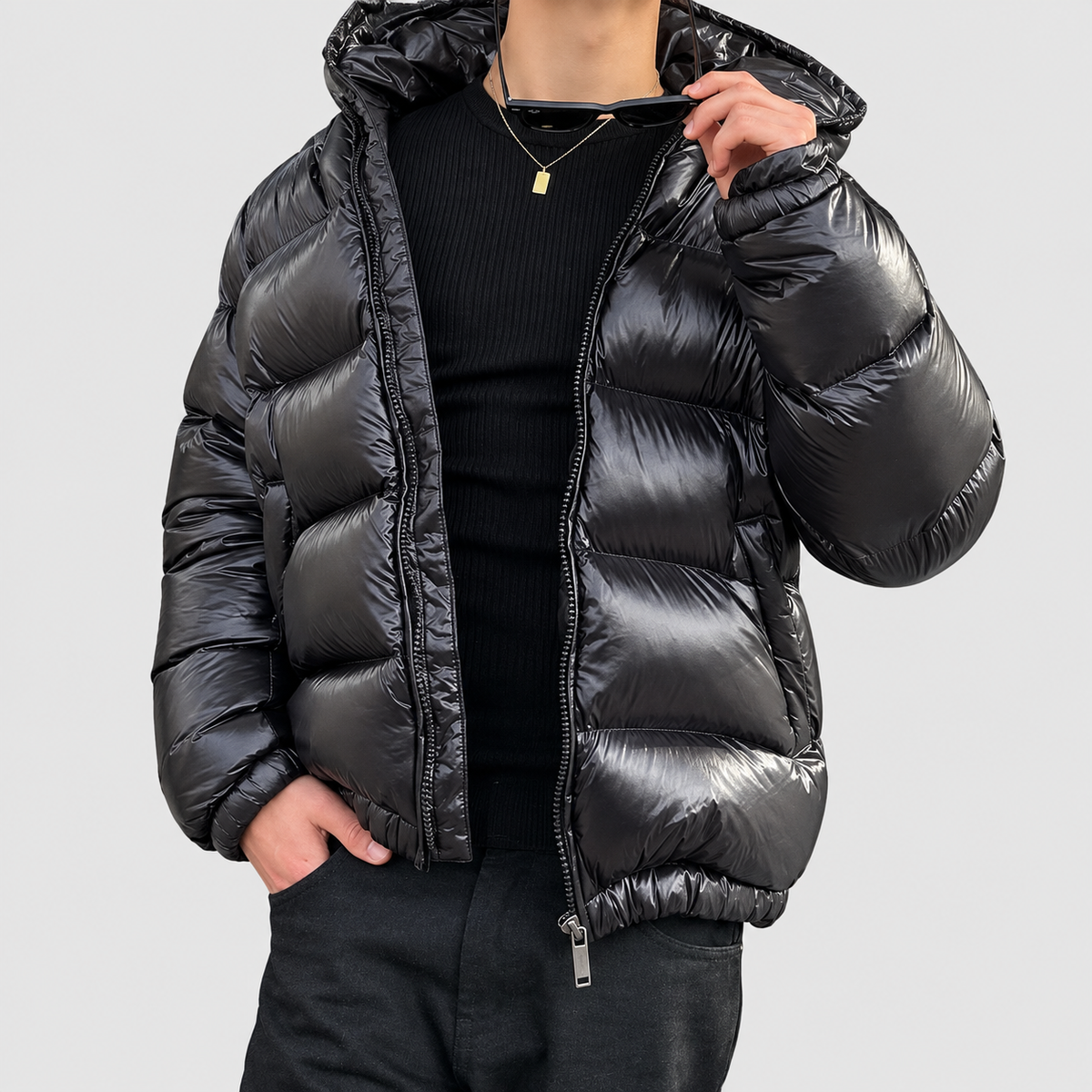Men's Glossy Quilted Hooded Puffer Jacket — view 5