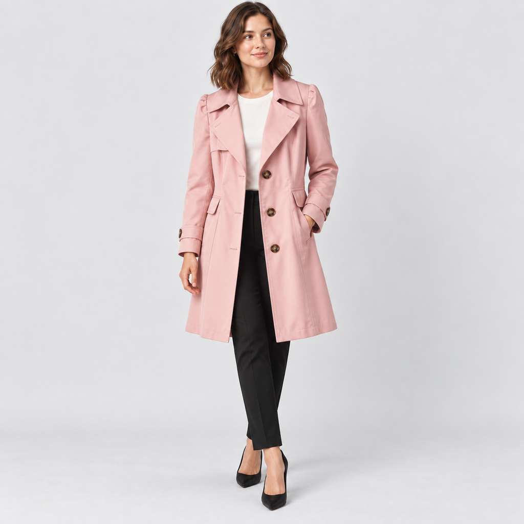 Harriet Single-Breasted Trench Coat with Lapel Collar in pink, studio view
