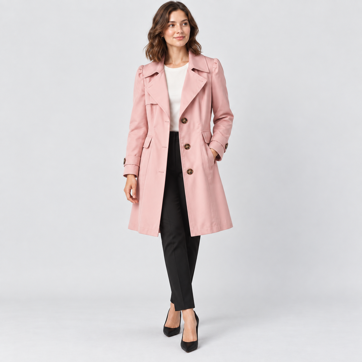 Harriet Single-Breasted Trench Coat with Lapel Collar in pink, studio view