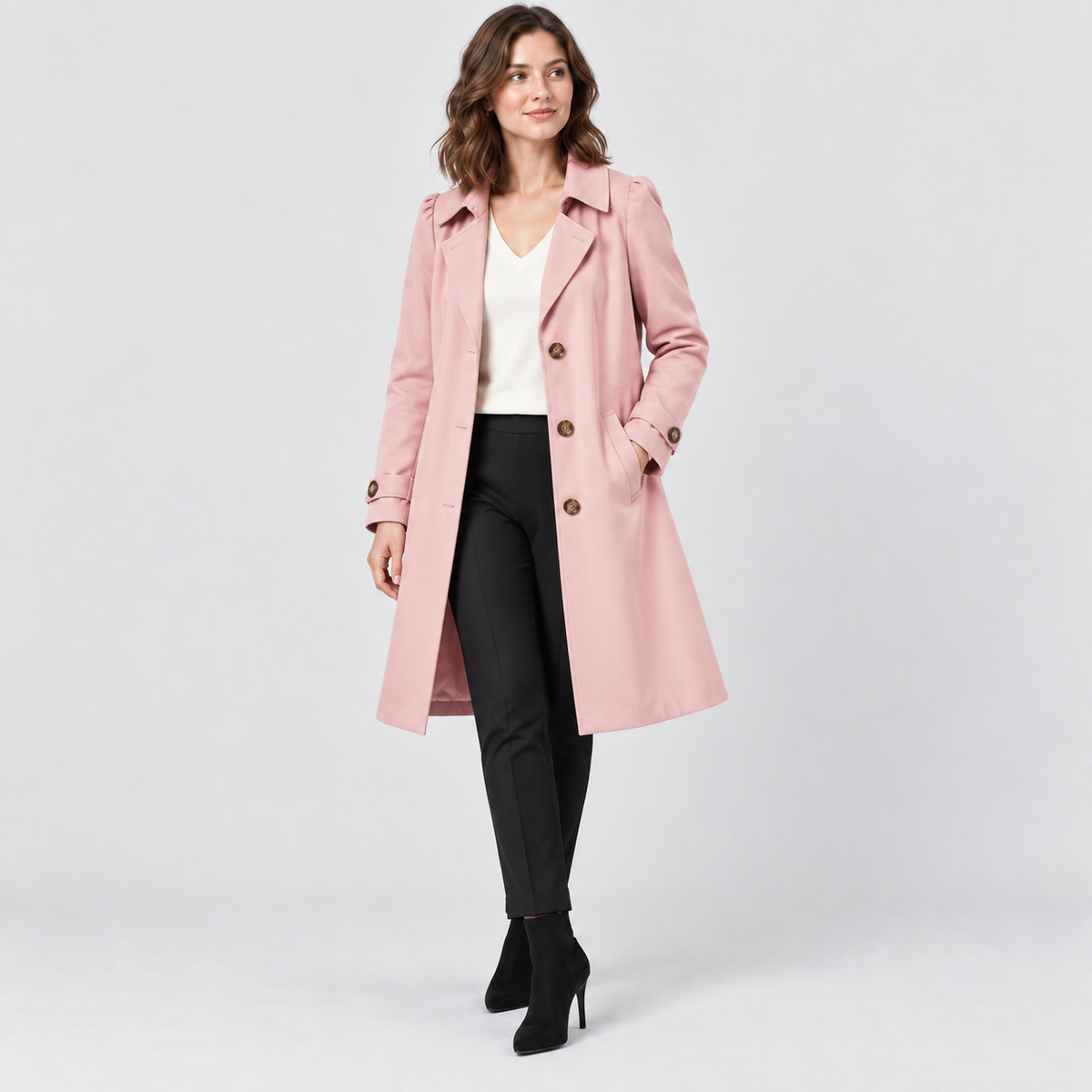 Harriet Single-Breasted Trench Coat with Lapel Collar in pink, studio view