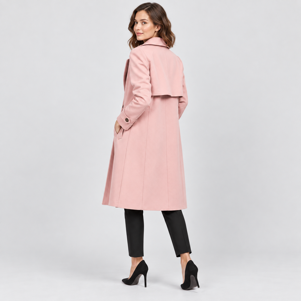 Harriet Single-Breasted Trench Coat with Lapel Collar in pink, back view