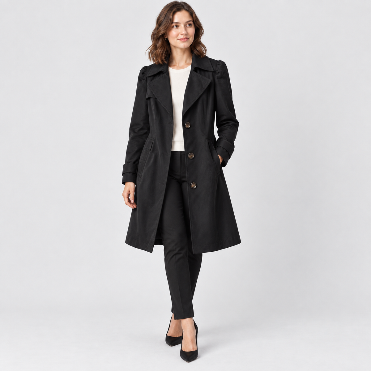 Harriet Single-Breasted Trench Coat with Lapel Collar in black, studio view
