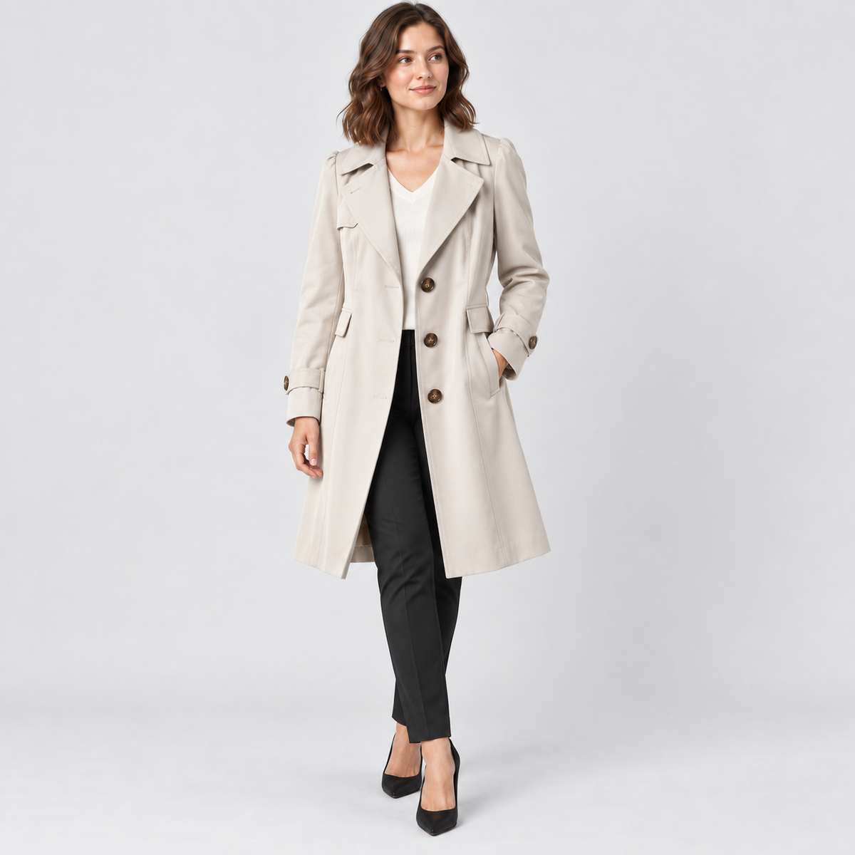 Harriet Single-Breasted Trench Coat with Lapel Collar in beige, studio view