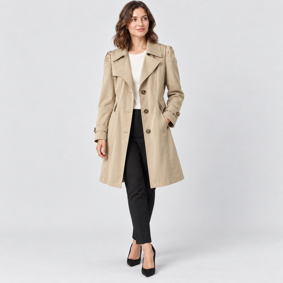 Harriet Single-Breasted Trench Coat with Lapel Collar in khaki, studio view