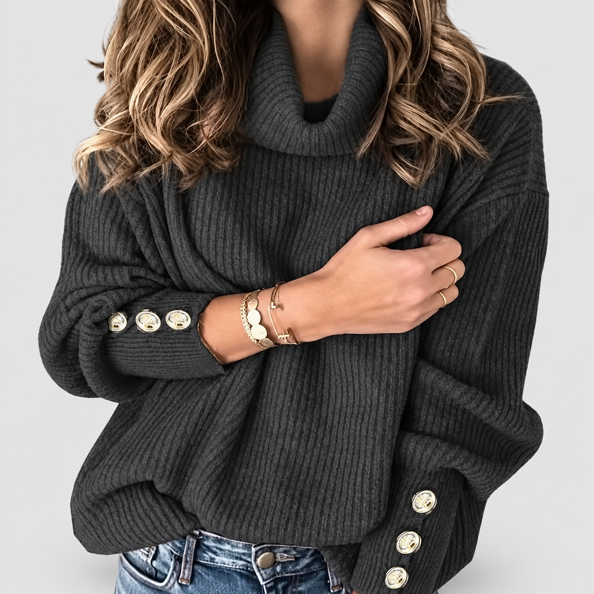 Women's Ribbed Cowl-Neck Jumper with Button Cuffs in Black — view 4