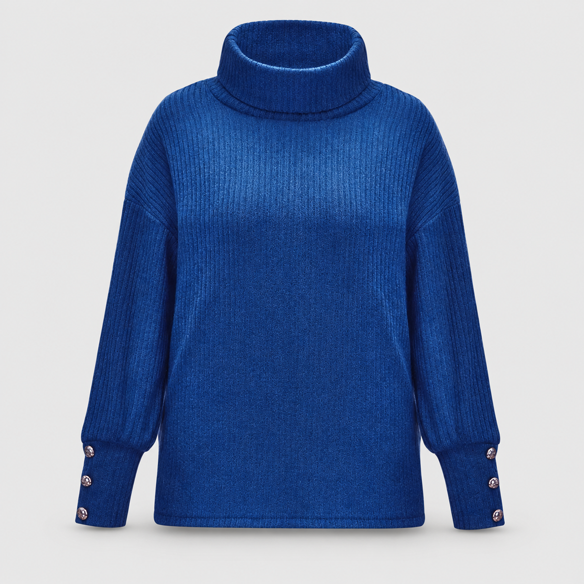 Women's Ribbed Cowl-Neck Jumper with Button Cuffs in Blue — view 8