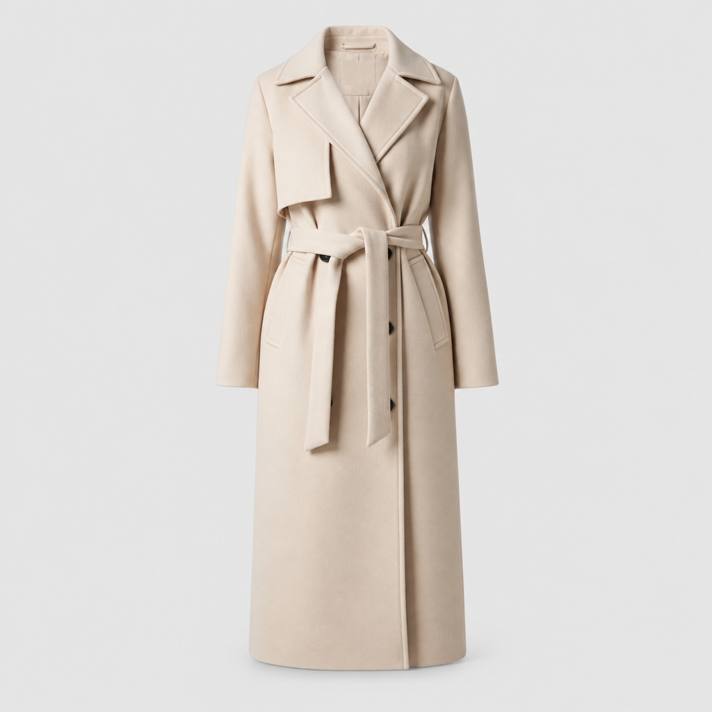Women's Belted Double-Breasted Long Coat with Notched Collar — view 1