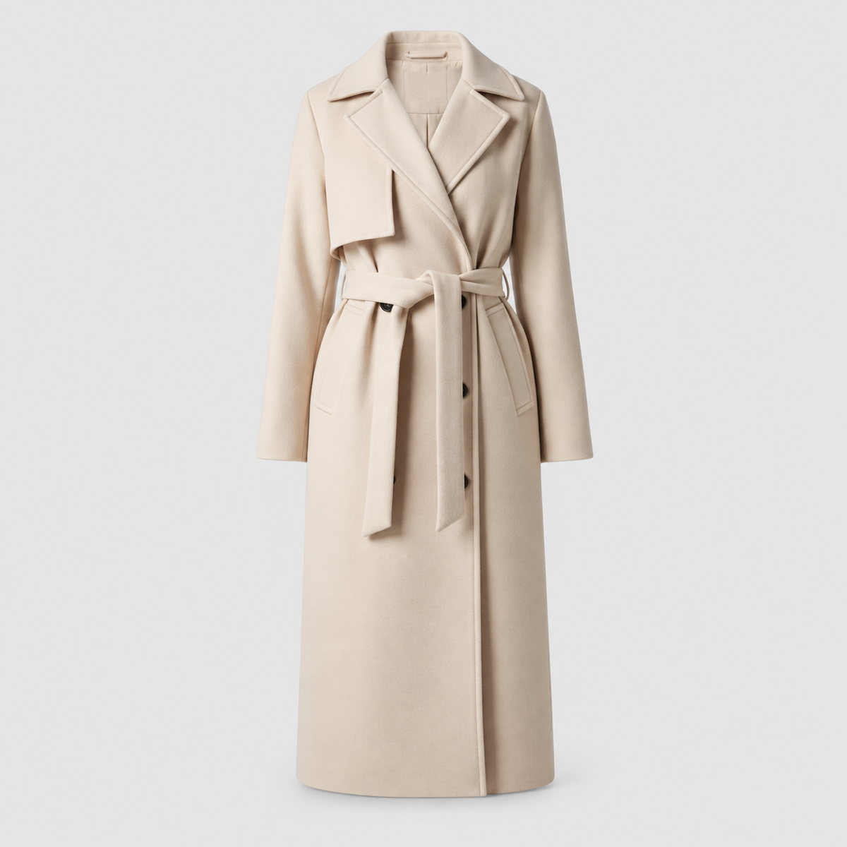 Women's Belted Double-Breasted Long Coat with Notched Collar — view 1