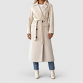 Women's Belted Double-Breasted Long Coat with Notched Collar in Cream — view 2