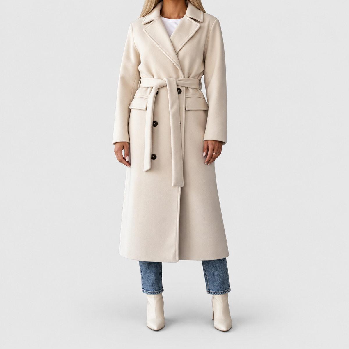 Women's Belted Double-Breasted Long Coat with Notched Collar in Cream — view 2