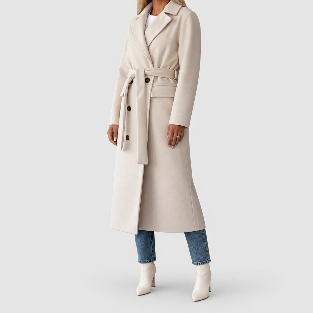 Women's Belted Double-Breasted Long Coat with Notched Collar — view 3