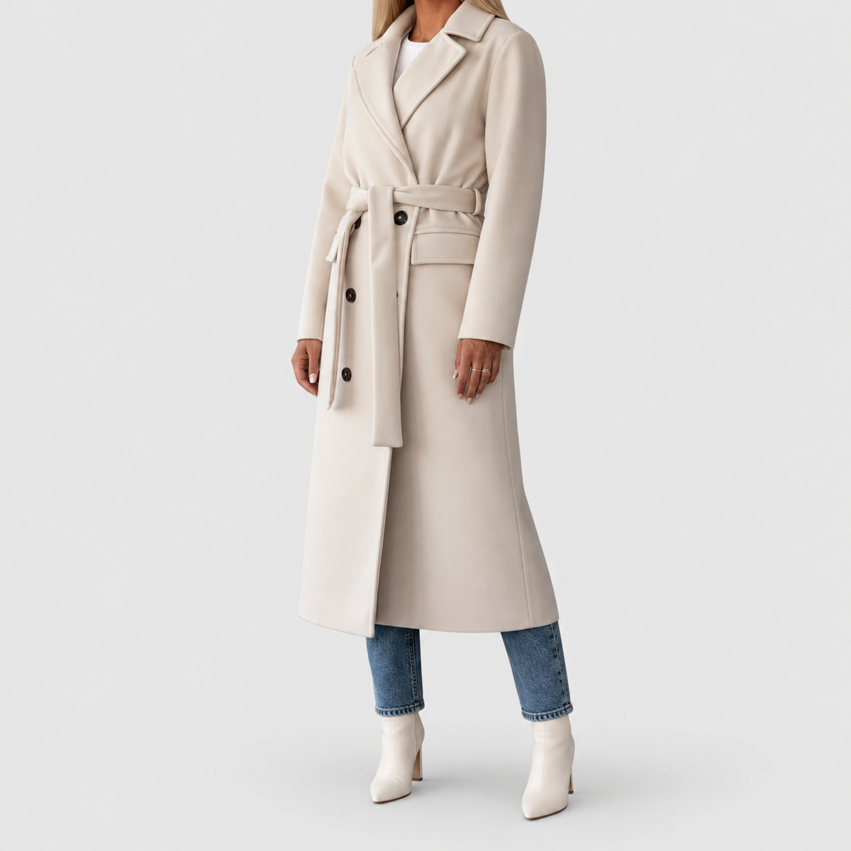 Women's Belted Double-Breasted Long Coat with Notched Collar — view 3