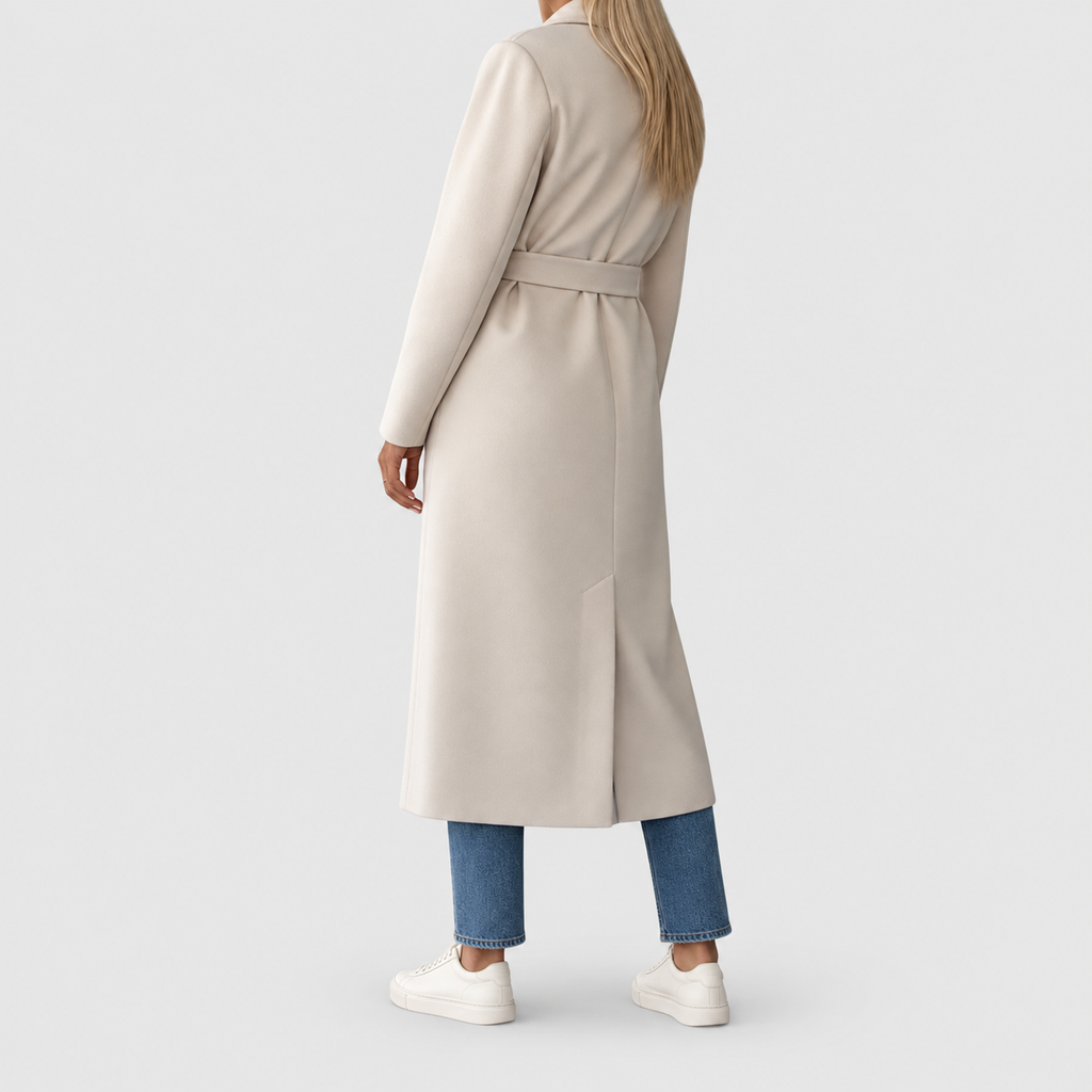 Women's Belted Double-Breasted Long Coat with Notched Collar — view 4