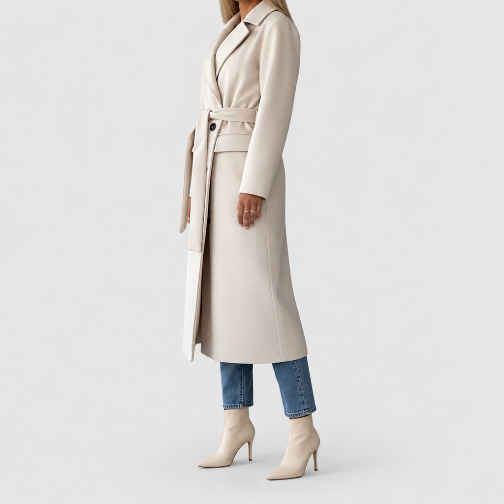 Women's Belted Double-Breasted Long Coat with Notched Collar — view 5