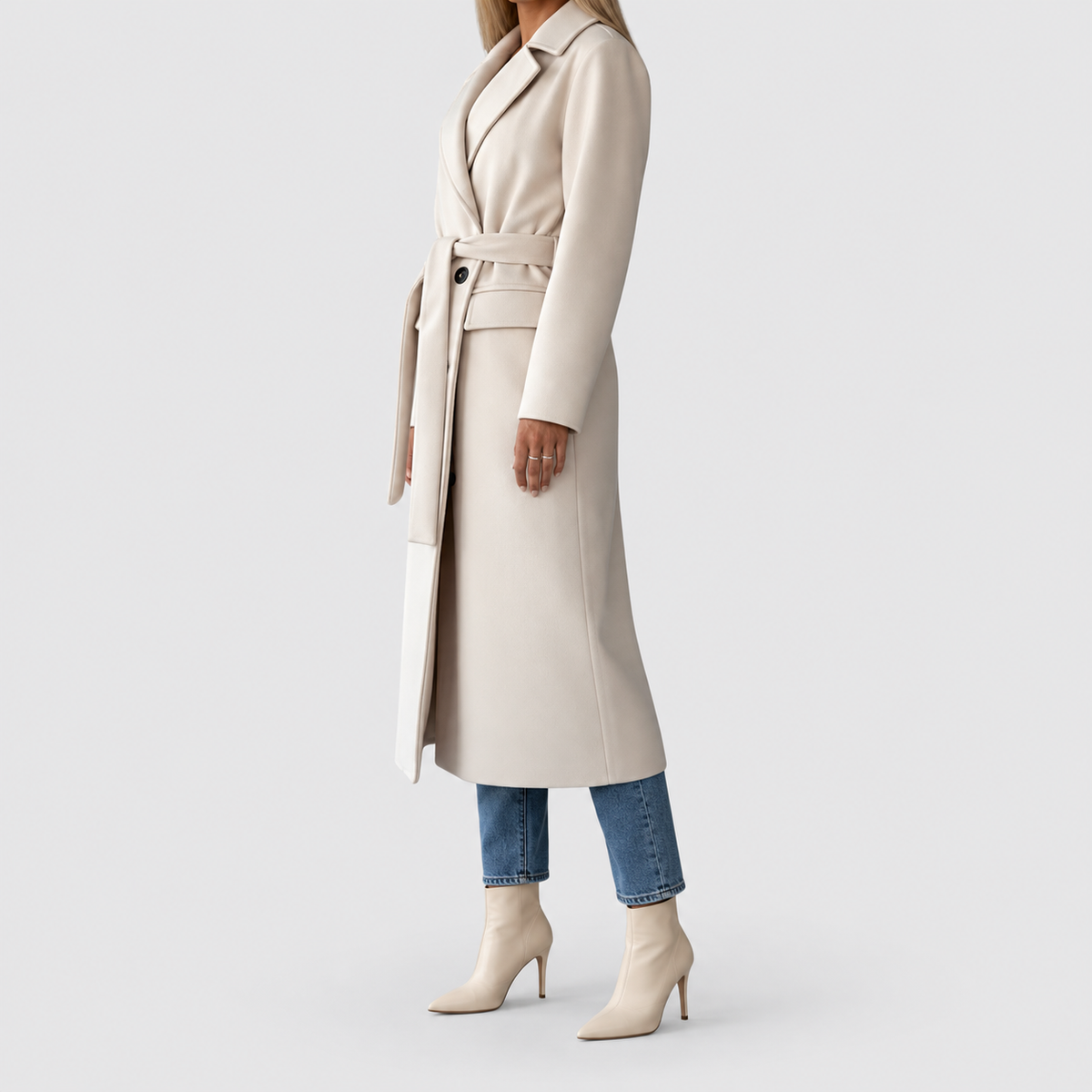 Women's Belted Double-Breasted Long Coat with Notched Collar — view 5