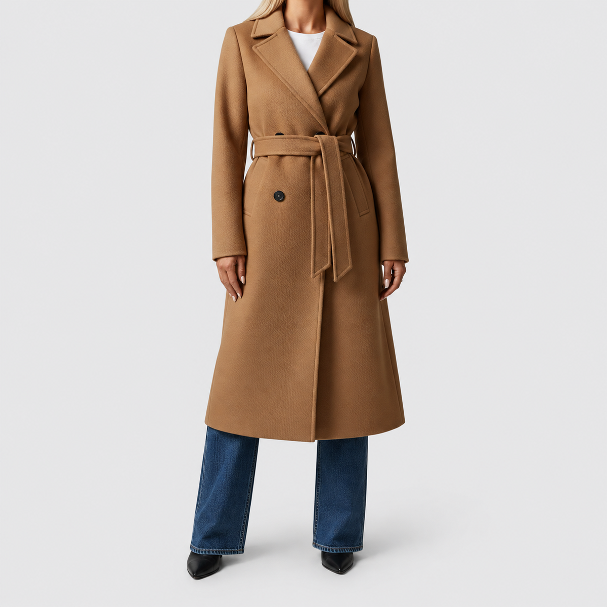 Women's Belted Double-Breasted Long Coat with Notched Collar in Camel — view 6