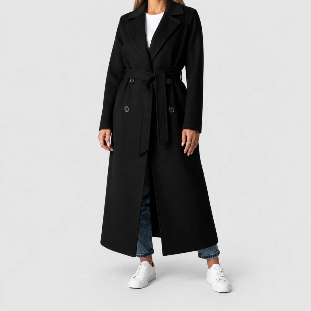 Women's Belted Double-Breasted Long Coat with Notched Collar in Black — view 7