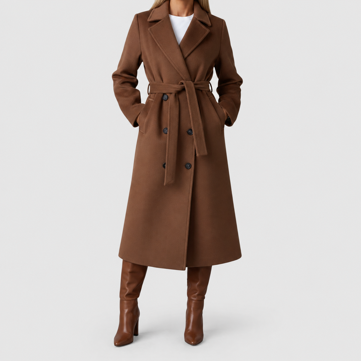 Women's Belted Double-Breasted Long Coat with Notched Collar in Brown — view 8