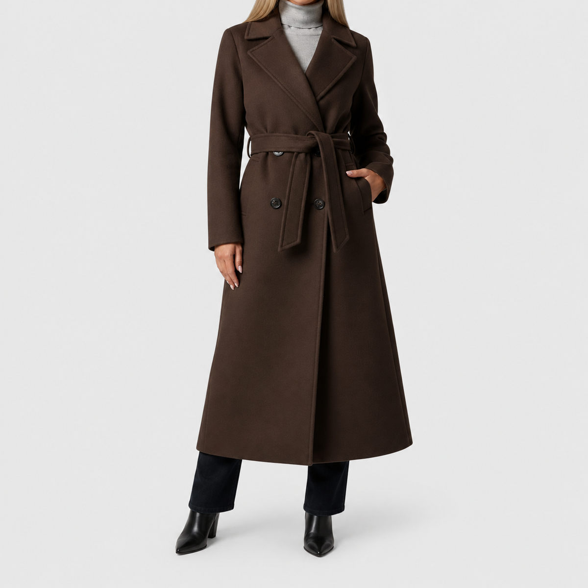 Women's Belted Double-Breasted Long Coat with Notched Collar in Chocolate Brown — view 9