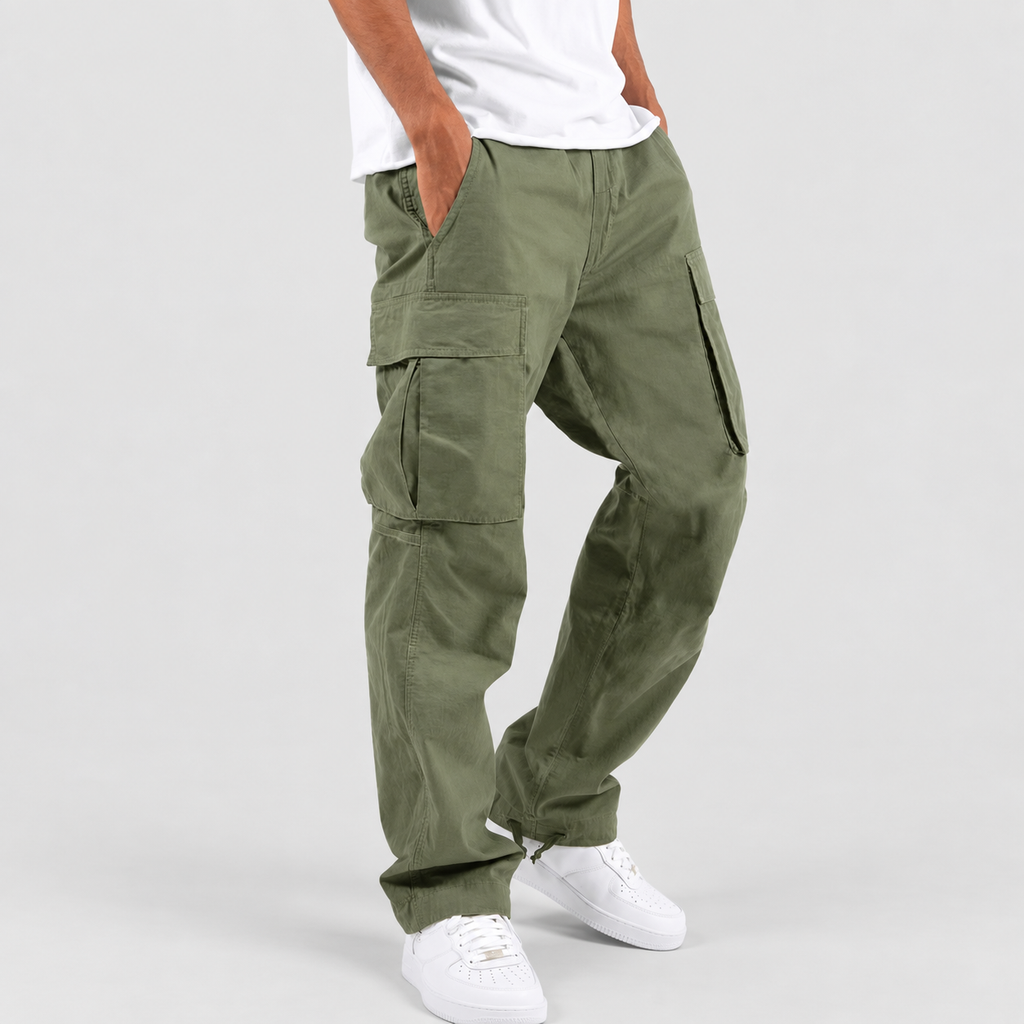 Men's Relaxed-Fit Cargo Trousers with Drawstring Hems in Dark Green — view 4